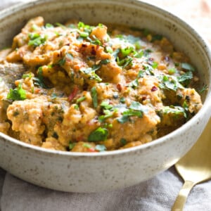 side view of a bowl of vegan Instant Pot chicken curry with soy curls in fenugreek sauce