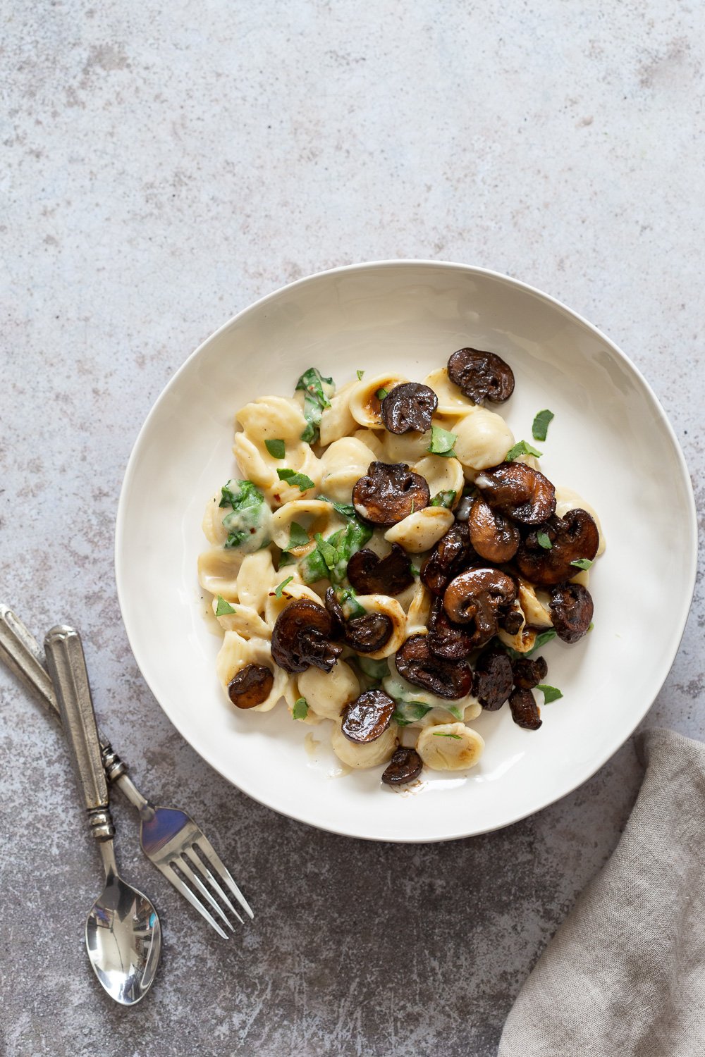 recipe for spinach pasta overhead shot of a plate of creamy vegan mushroom and spinach pasta