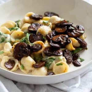 side view of a plate with vegan spinach pasta with balsamic mushrooms