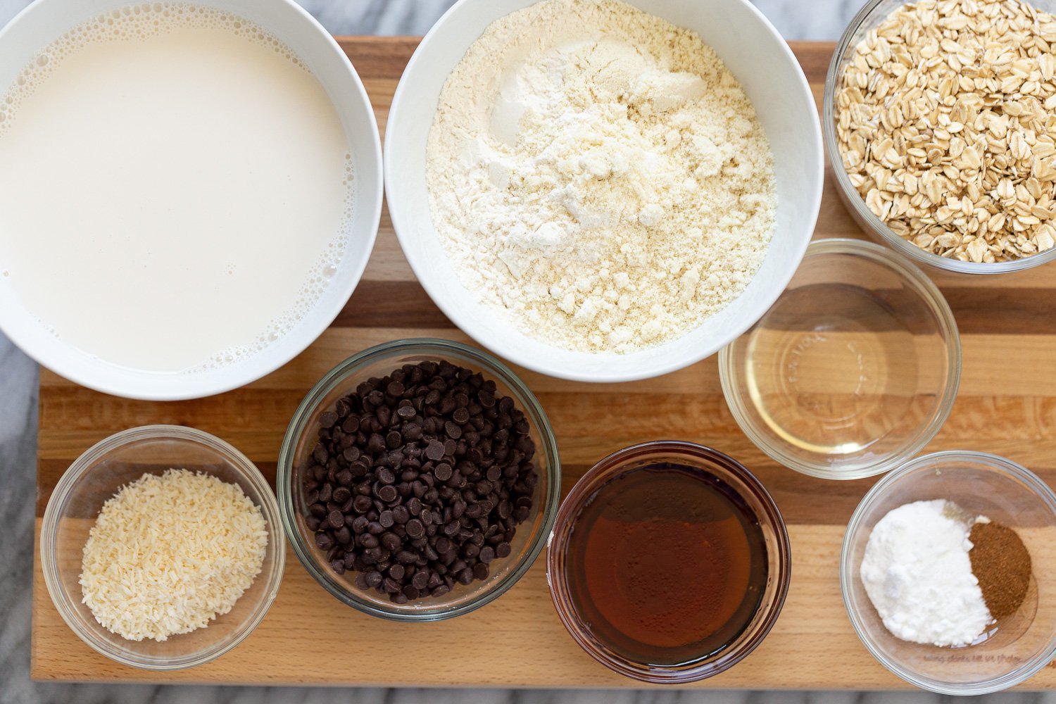 chocolate chip waffles overhead shot of ingredients needed for making vegan chocolate chip waffles
