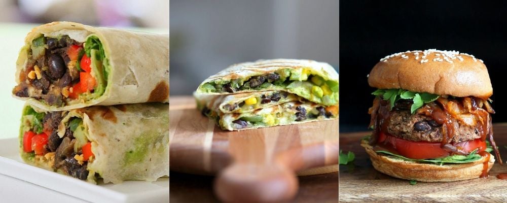 a picture collage with vegan black bean meals perfect for quarantine cooking