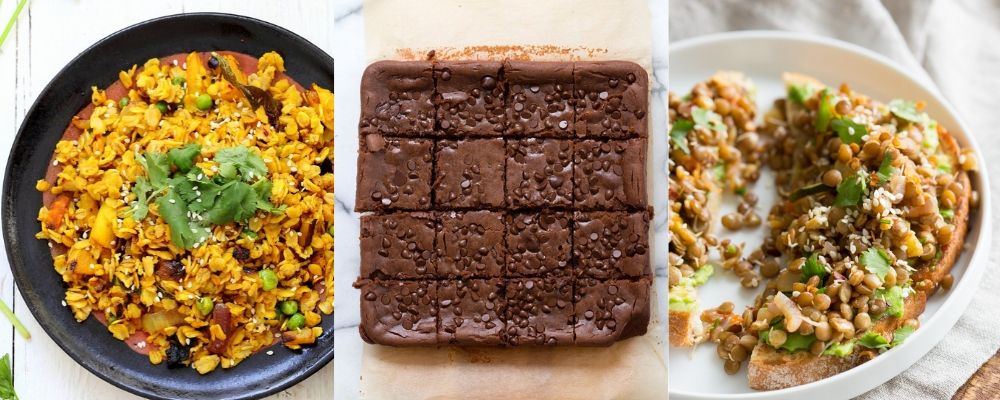 picture collage with vegan pantry breakfast ideas for self quarantine