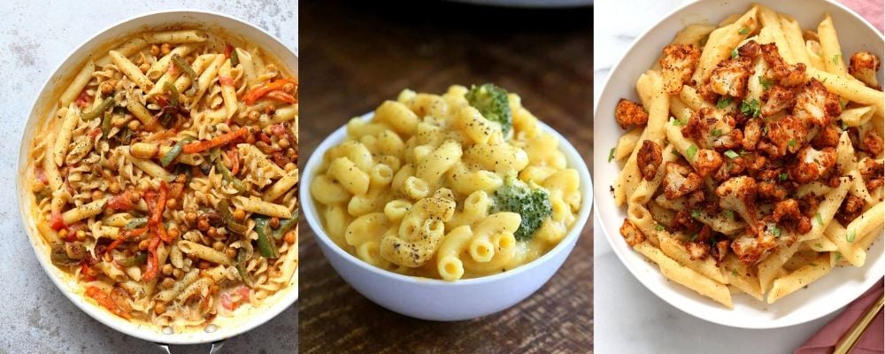 collage of vegan pasta dishes perfect for cooking during quarantine