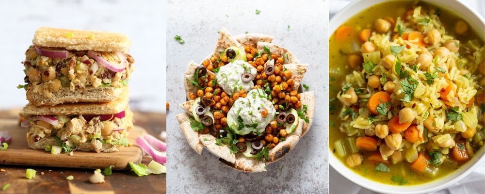 collage of vegan chickpea lunch ideas for self quarantine using canned foods