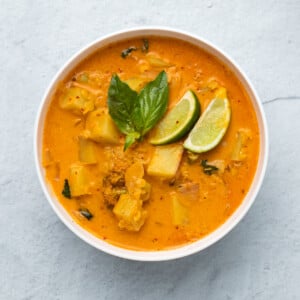overhead shot of a creamy vegan red lentil sweet potato curry