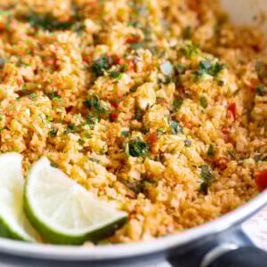 side view of Spanish cauliflower rice in a pan