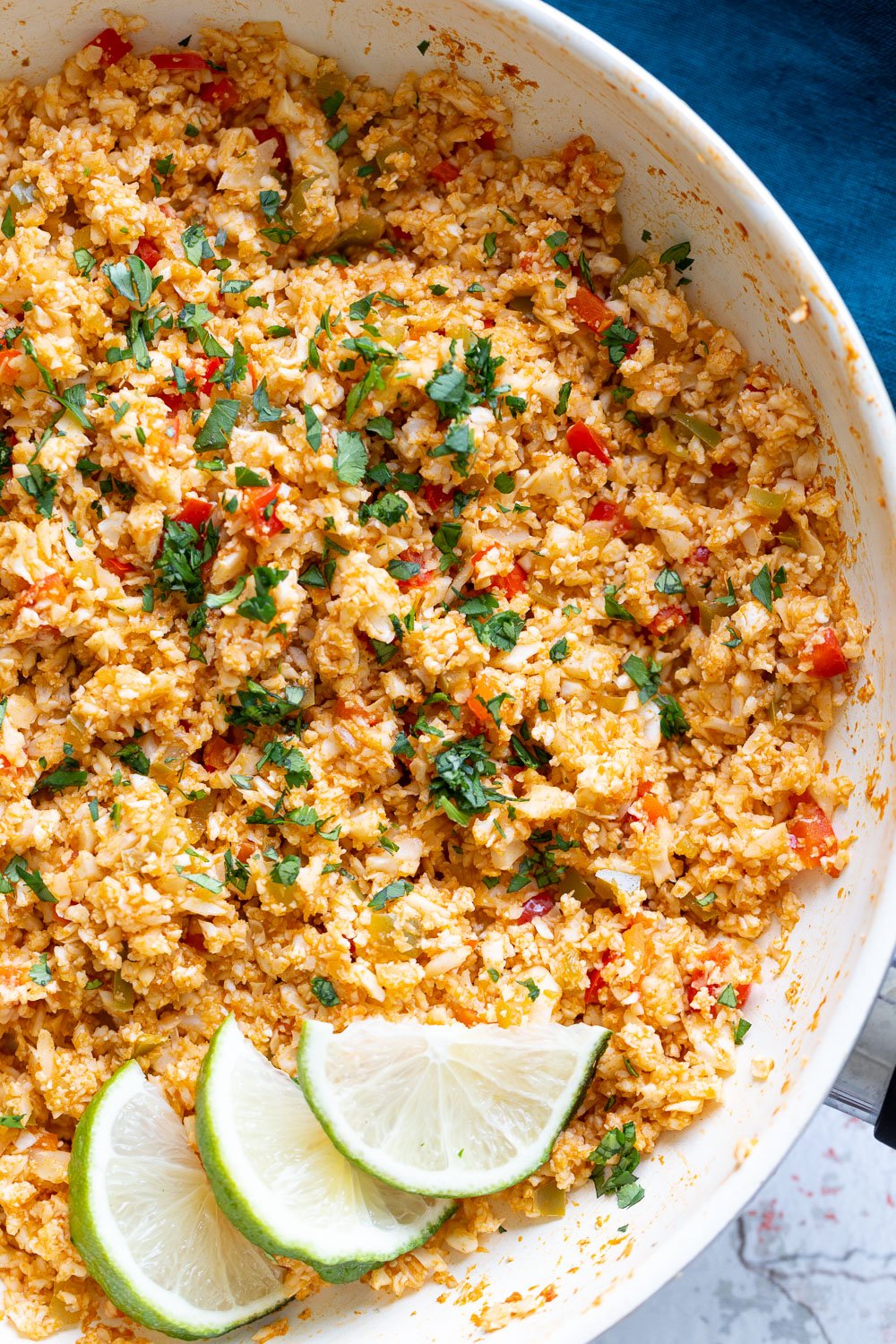 Spanish Cauliflower Rice close-up overhead shot of a frying pan with cauliflower rice
