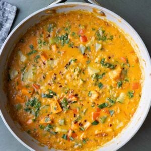 Thai red lentil sweet potato curry in the pan after cooking