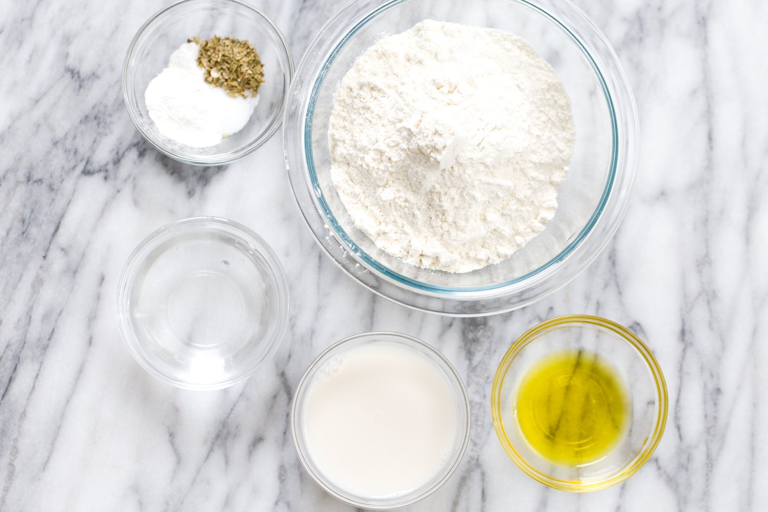 no yeast pizza dough overhead shot of ingredients used for making vegan yeast-free pizza dough