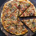 overhead shot of vegan pizza made with no yeast pizza dough