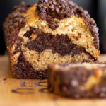 a sliced loaf of vegan marbled chocolate banana bread