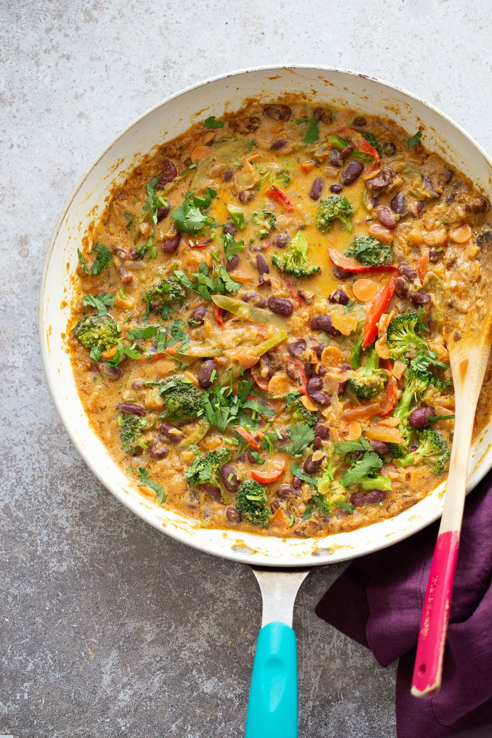 Peanut Stew overhead shot of a saucepan with creamy Vegan Peanut Stew with kidney beans