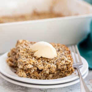 side view of a serving of baked lemon poppy seed baked oatmeal