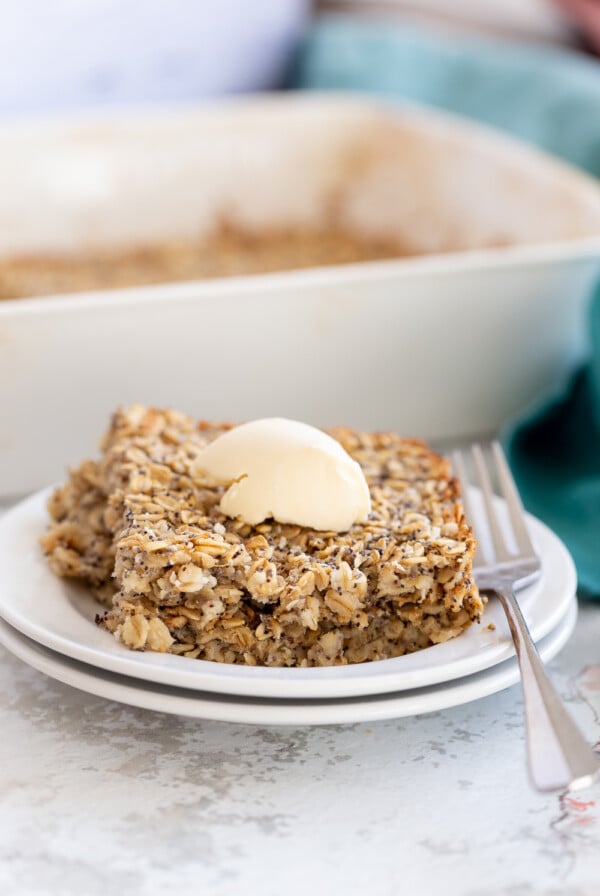 side view of a serving of baked lemon poppy seed baked oatmeal