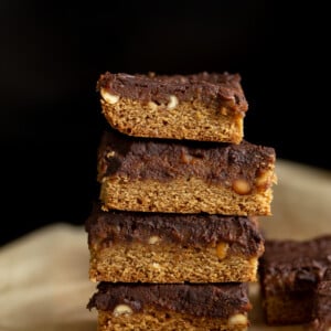 side view of a stack of vegan snickers snack bars