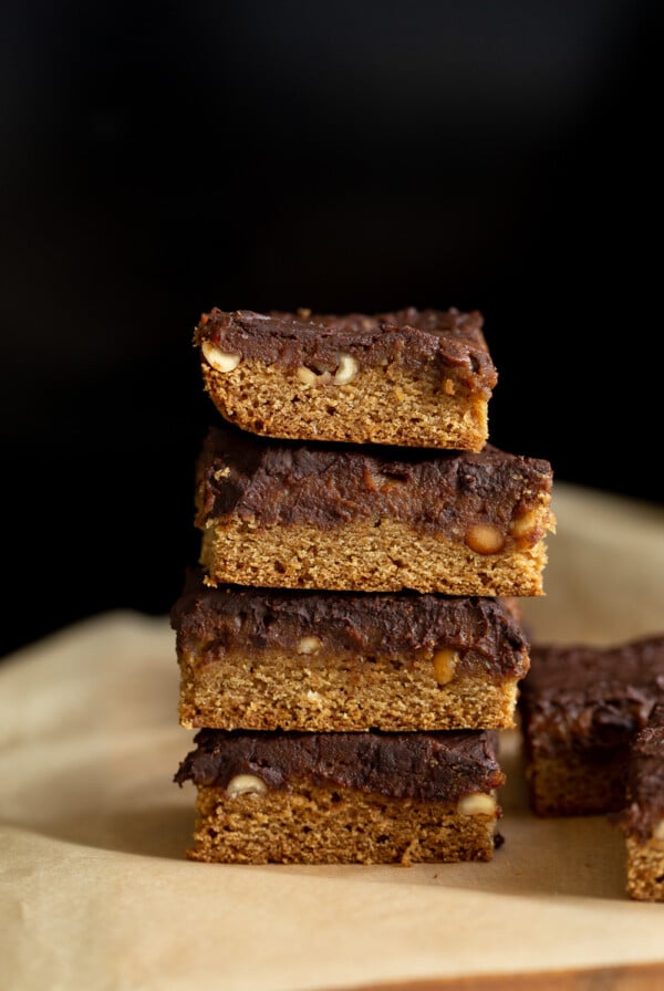 side view of a stack of vegan snickers snack bars