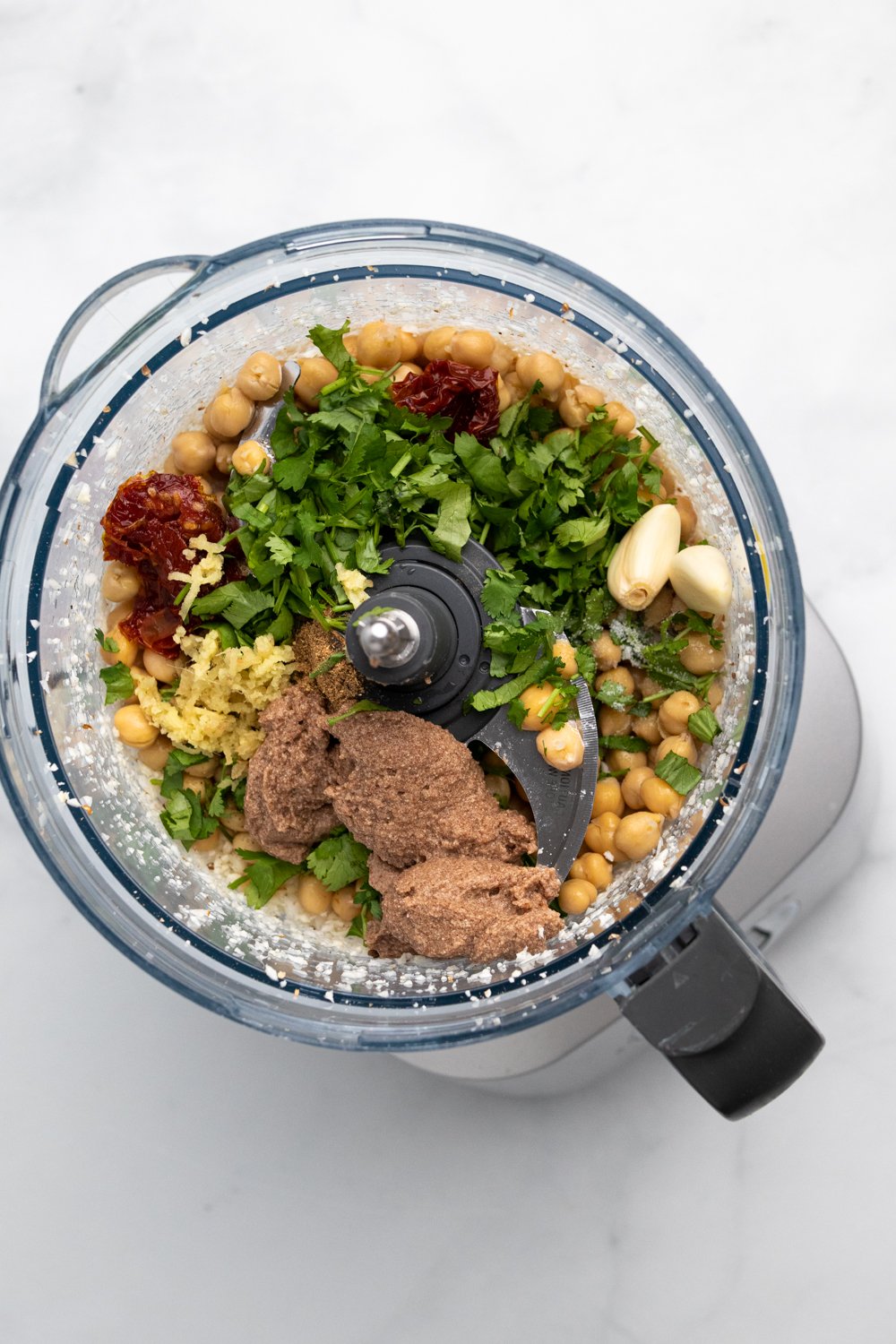 chickpea burger  ingredients for making vegan chickpea burger patties in a food processor