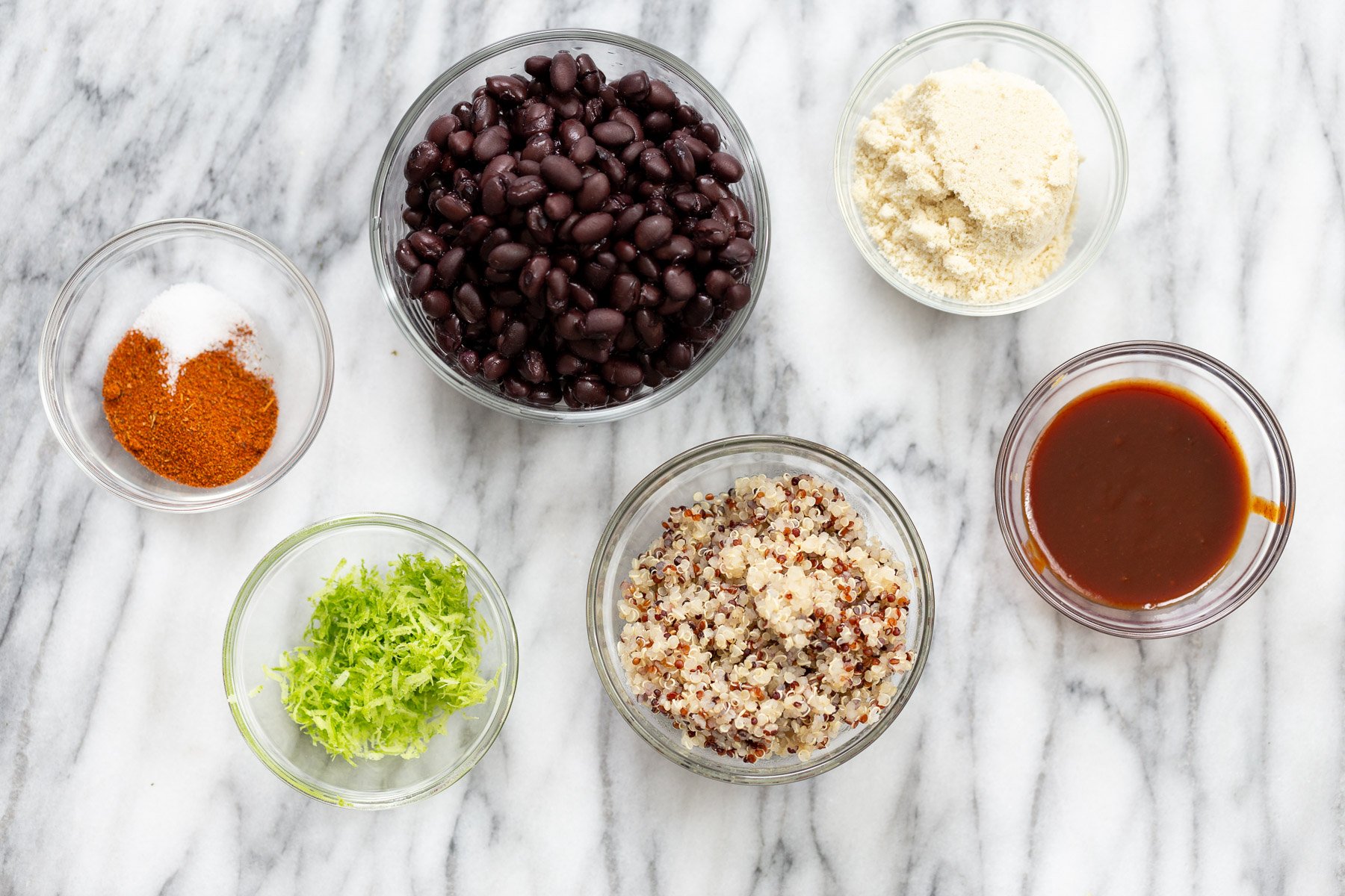 quinoa burger overhead shot of ingredients used for making black bean quinoa burger patties