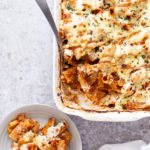 vegan baked rigatoni in a white casserole