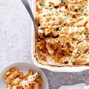 vegan baked rigatoni in a white casserole