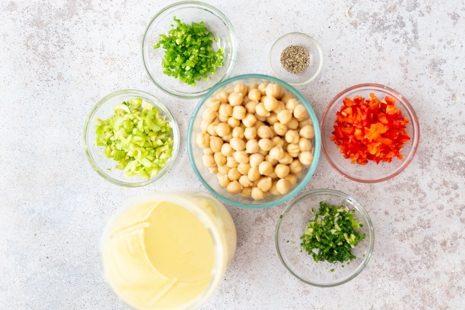chickpea salad sandwich  overhead shot of ingredients needed for making vegan chickpea salad