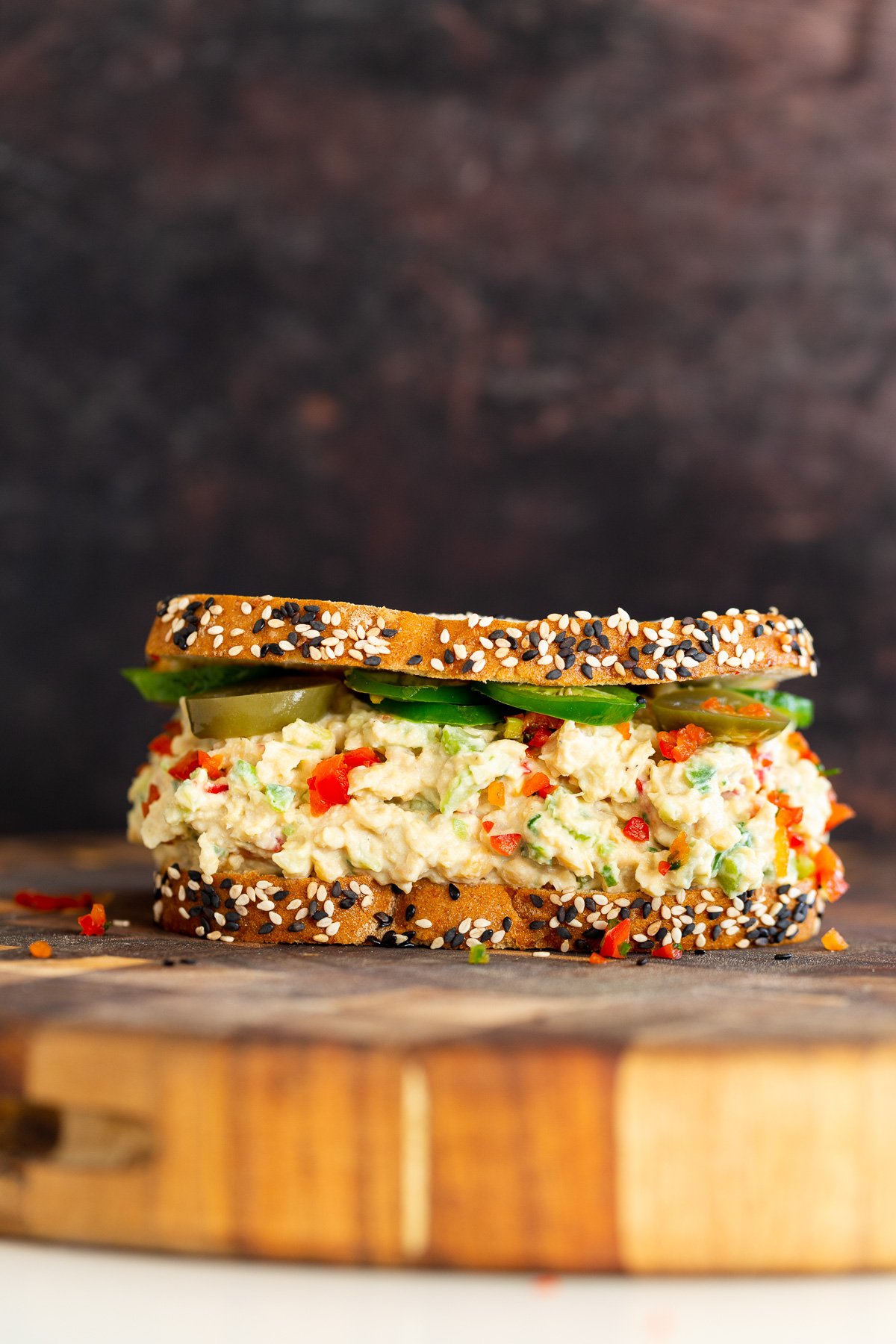 chickpea salad sandwich side view of a healthy vegan jalapeno popper chickpea salad recipe
