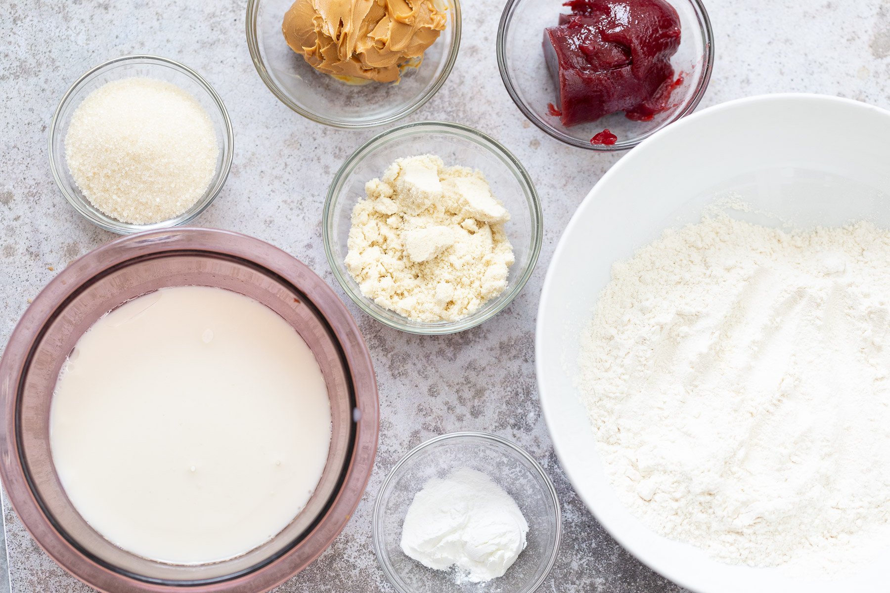 peanut butter and jelly cake  overhead shot of ingredients for peanut butter and jelly cake