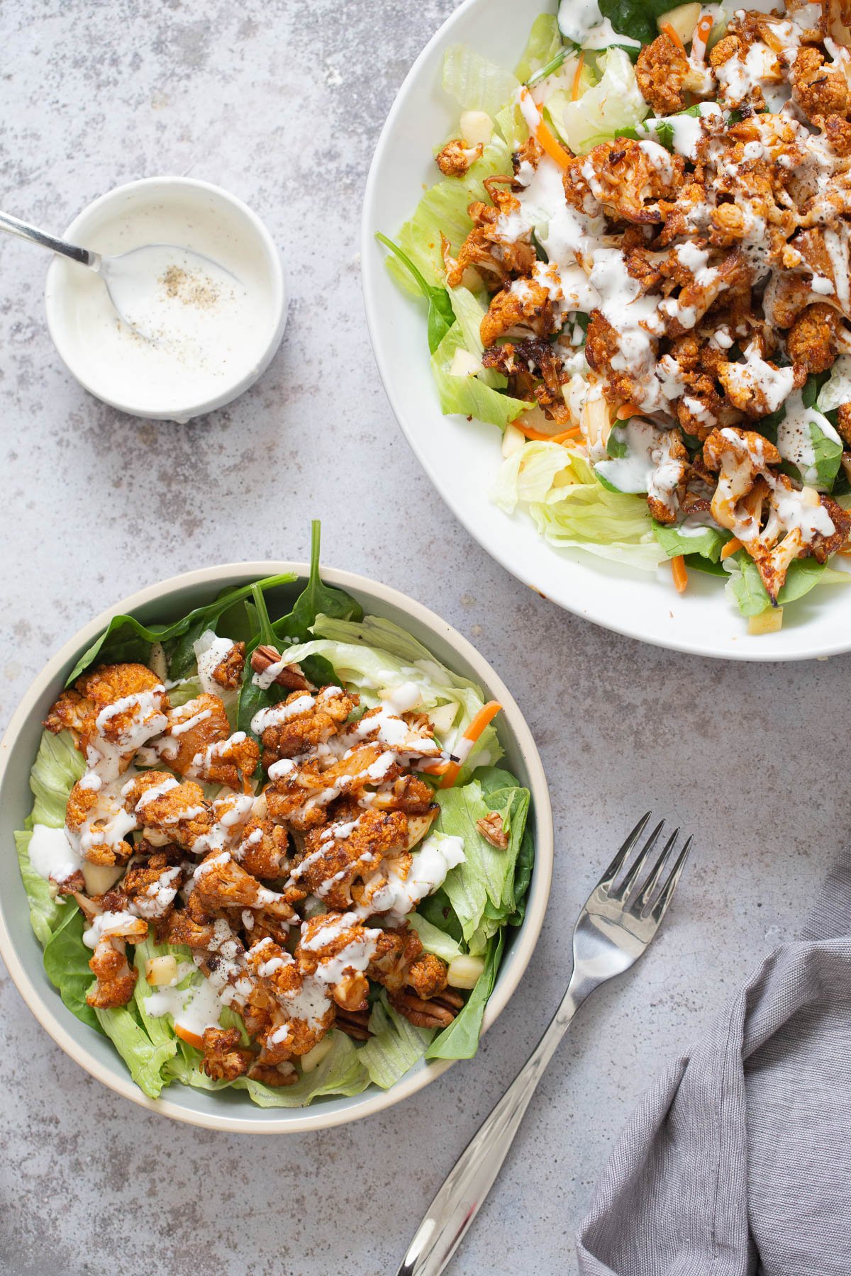 cauliflower salad  vegan roasted cauliflower salad bowl drizzled with Vegan Ranch Dressing