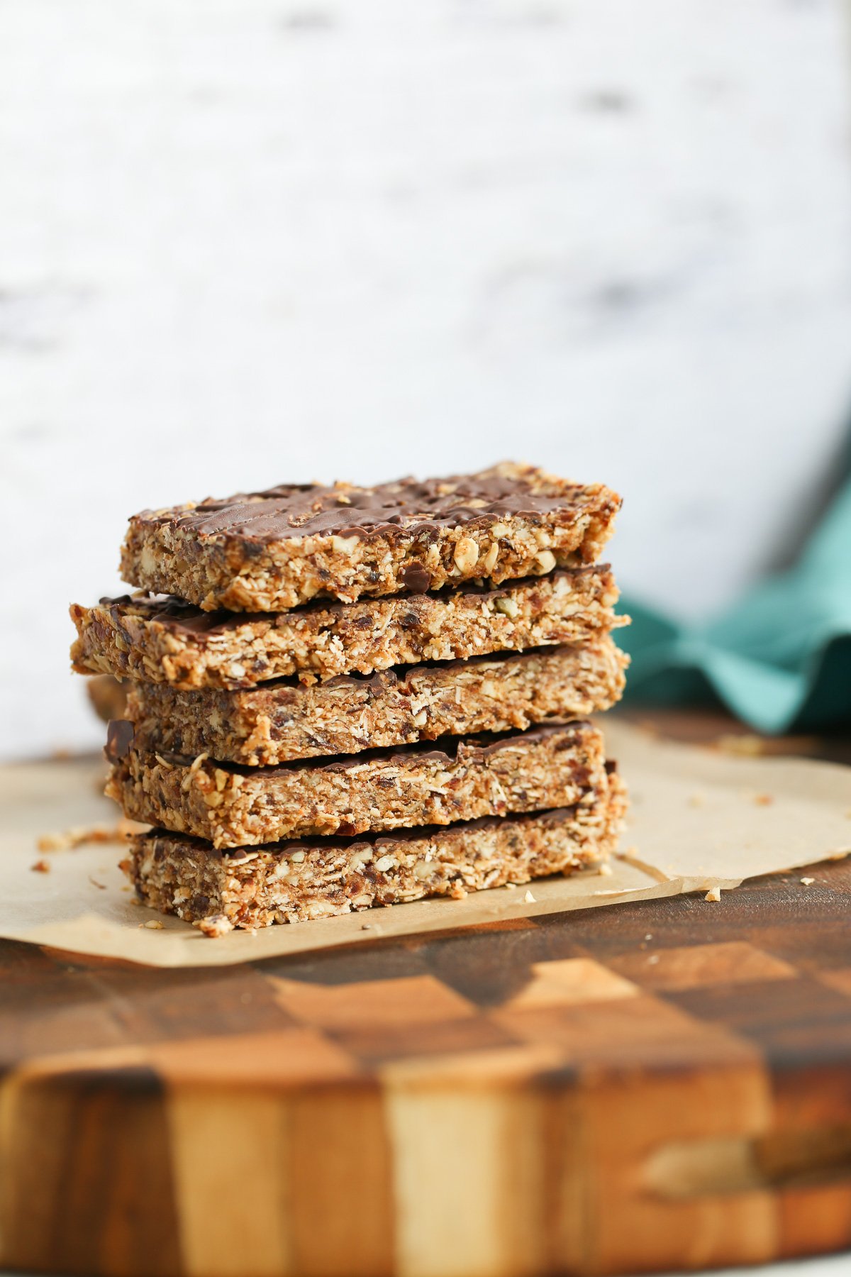 vegan date bars  a stack of vegan coconut caramel date bars
