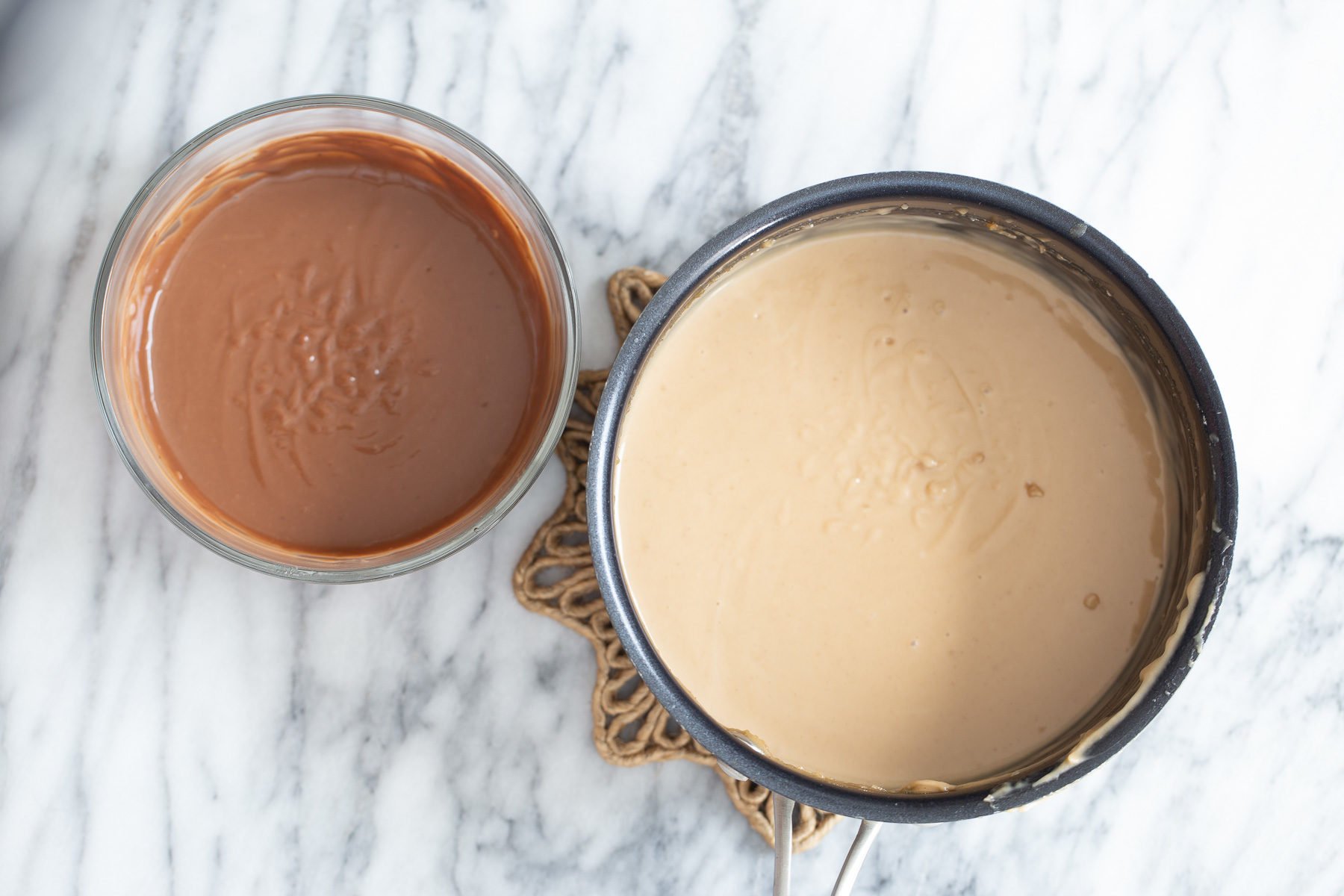 peanut butter mousse peanut butter mousse and peanut butter chocolate mousse in two separate bowls