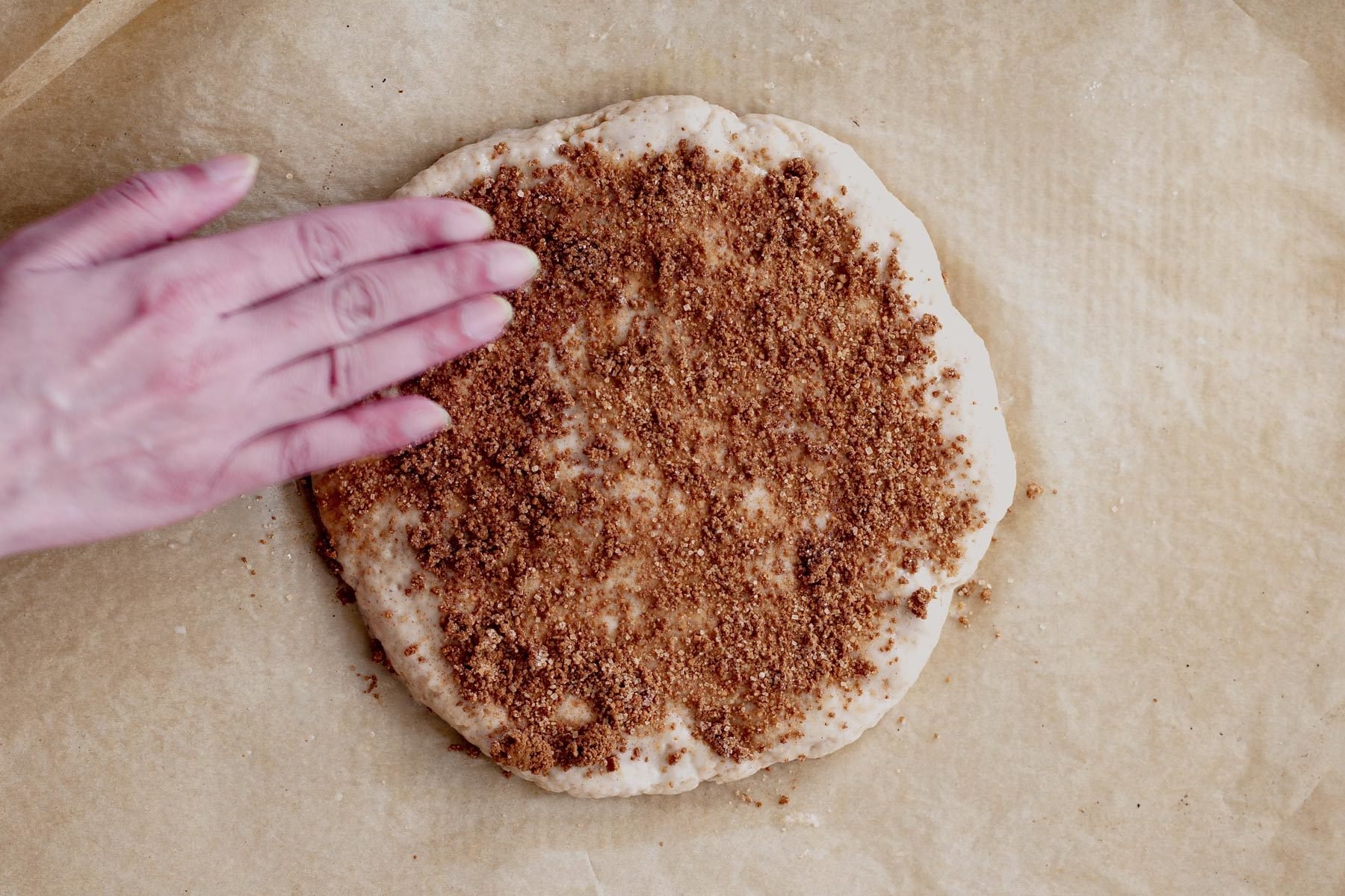 vegan biscotti  cinnamon sugar being sprinkled on biscotti dough to make churro biscotti