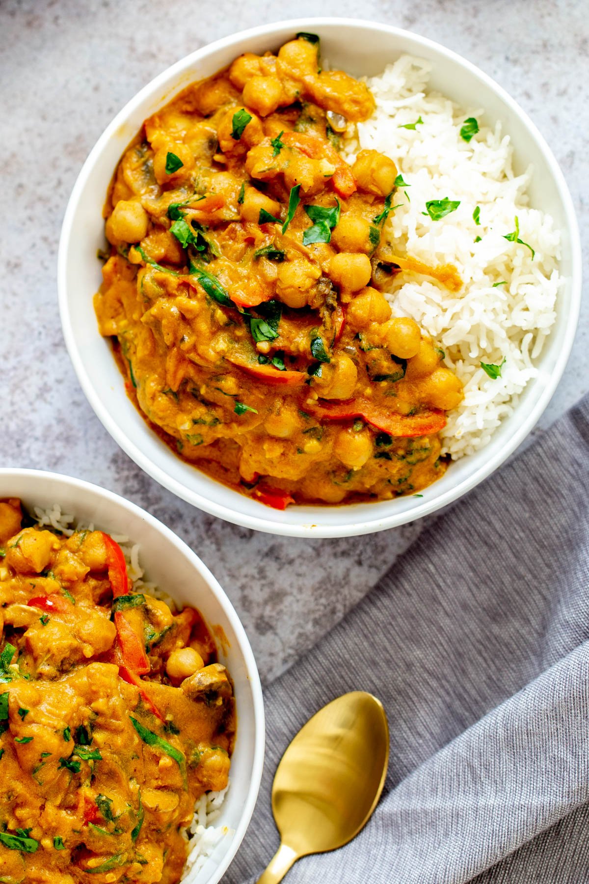 pumpkin curry overhead shot of two bowls of vegan pumpkin curry