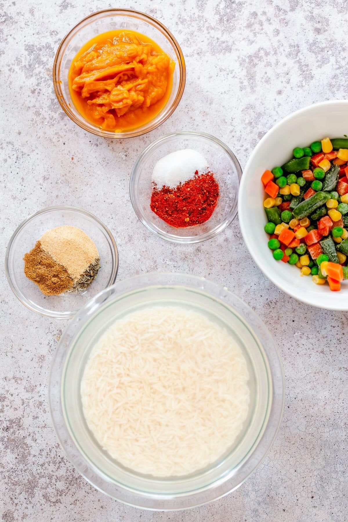 Instant Pot Fried Rice overhead shot of ingredients needed for making pumpkin chipotle fried rice