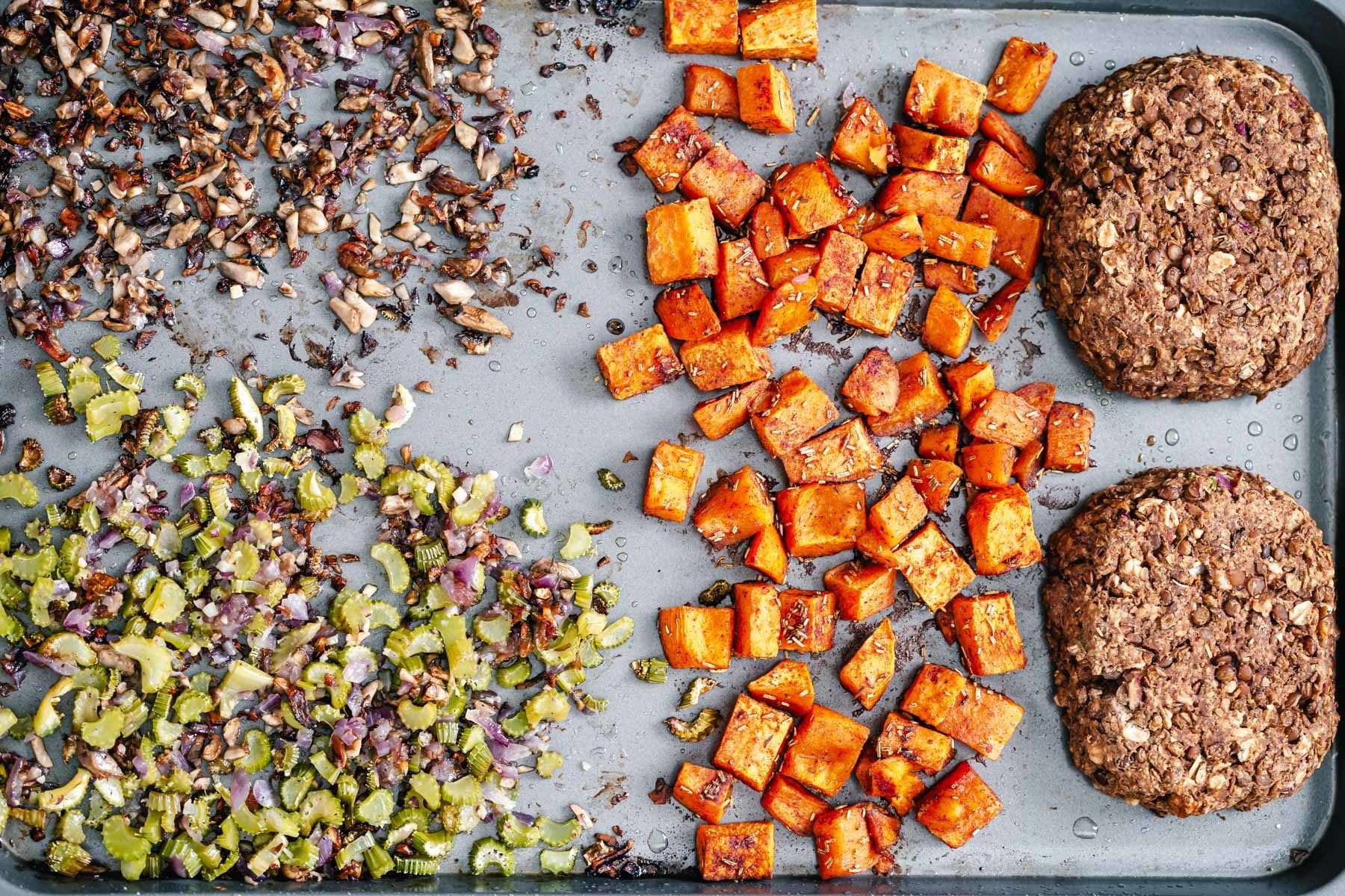 Thanksgiving sheet pan dinner overhead shot of baked vegan Thanksgiving sheetpan dinner