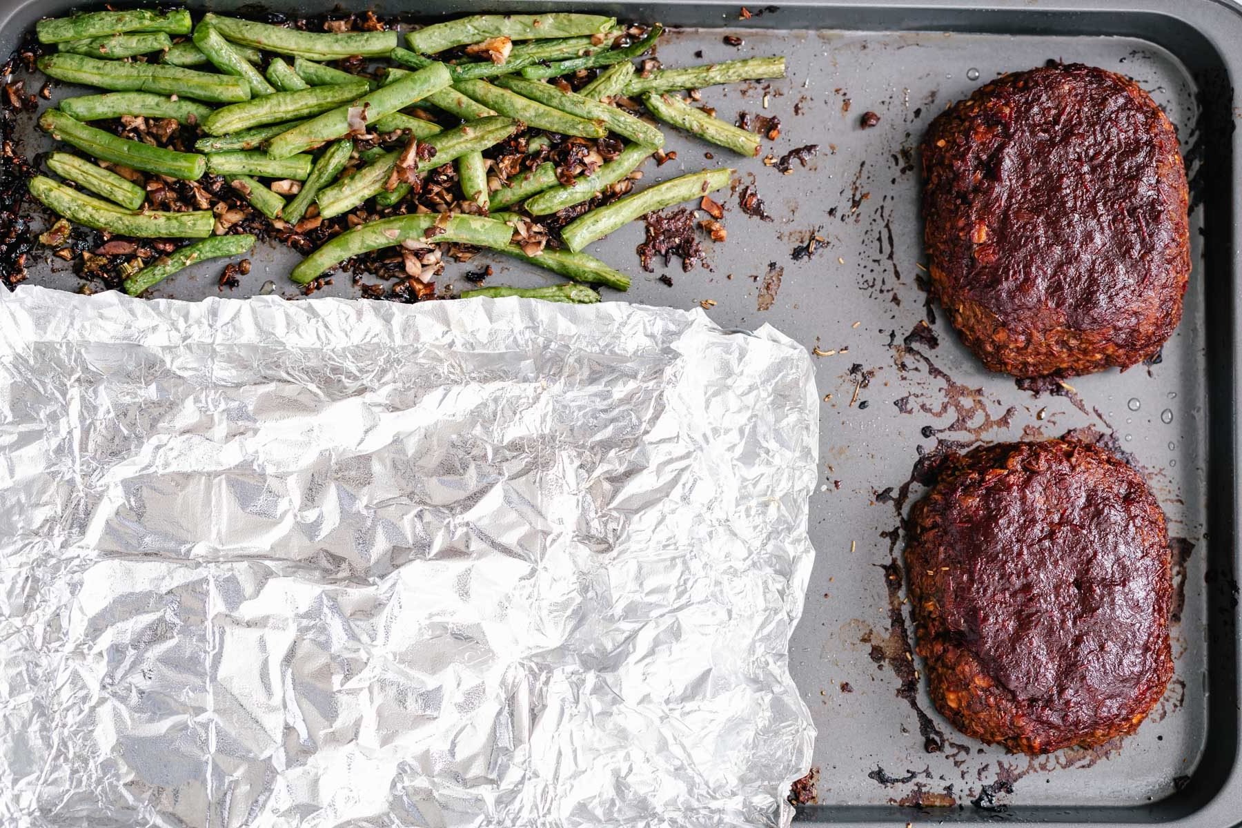 Thanksgiving sheet pan dinner  overhead shot of two walnut lentil loaves