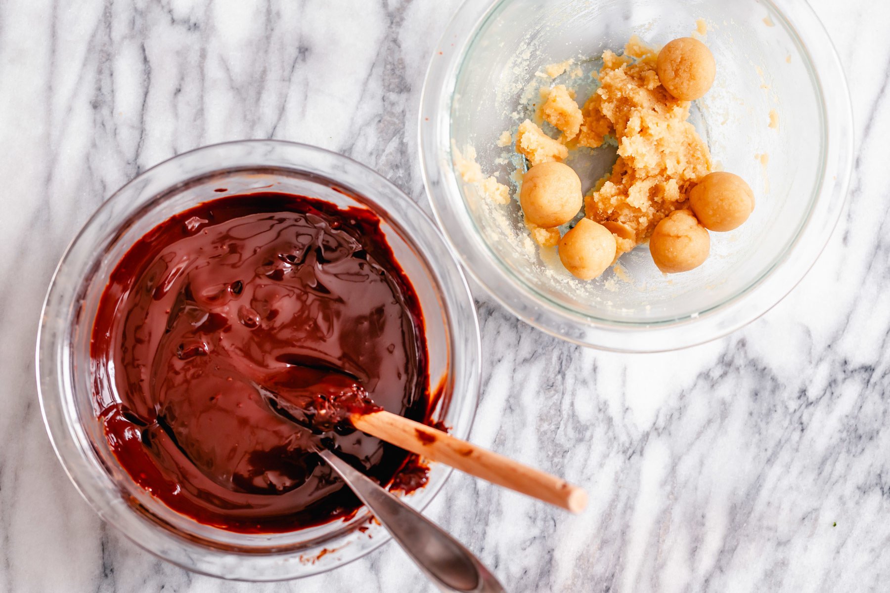 tiramisu truffles a bowl of melted chocolate glaze and a bowl with vegan almond truffle mixture