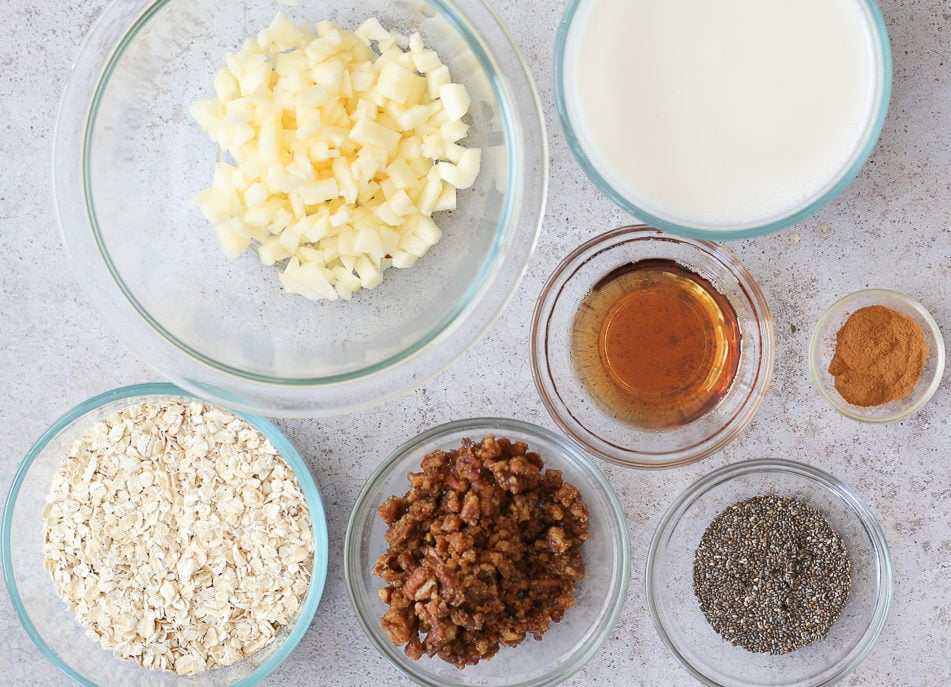 overhead shot of ingredients used for making vegan apple pie oats