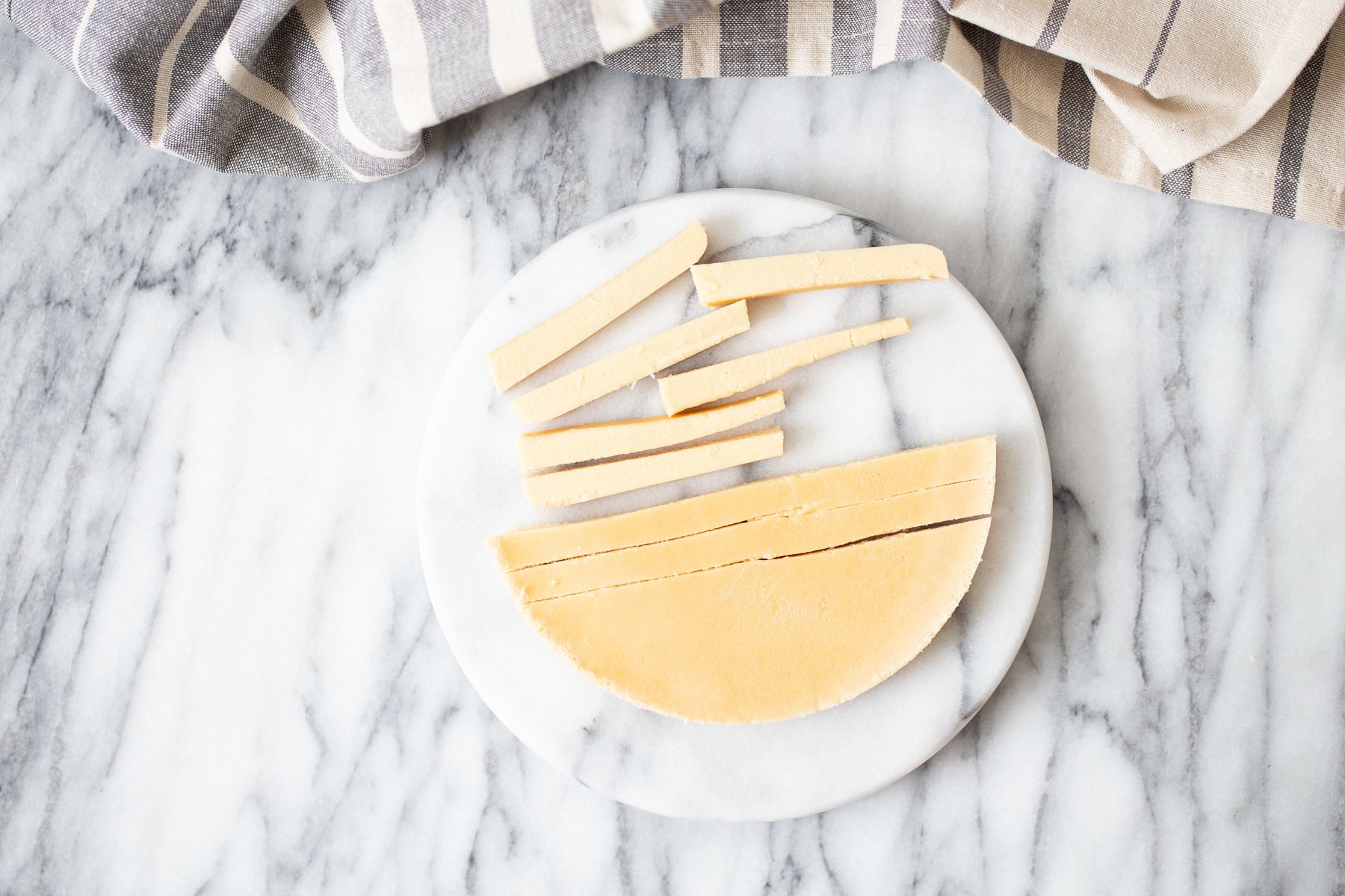 chickpea fries  chilled chickpea flour batter being cut into fries