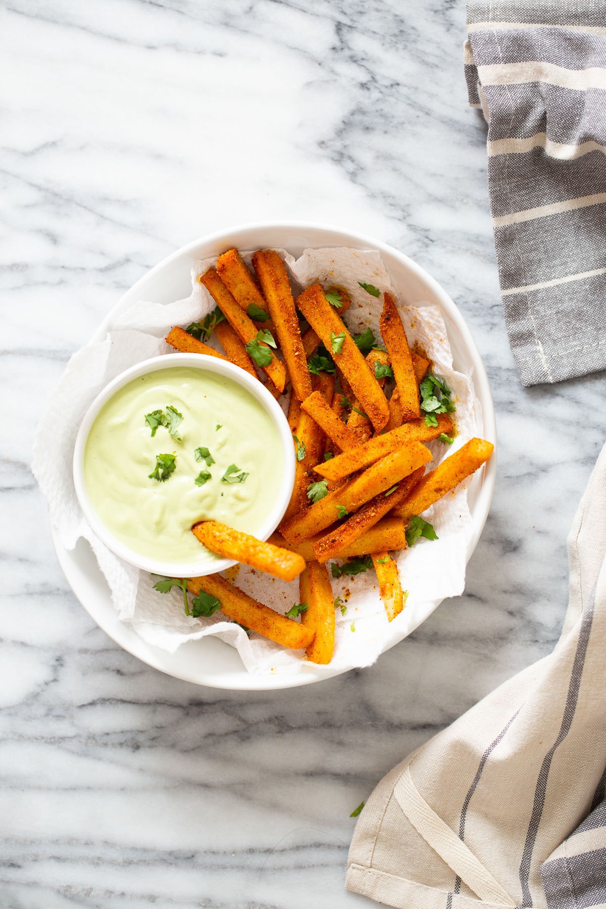 chickpea fries  a bowl of pan-fried Cajun chickpea fries served with vegan cilantro lime dip