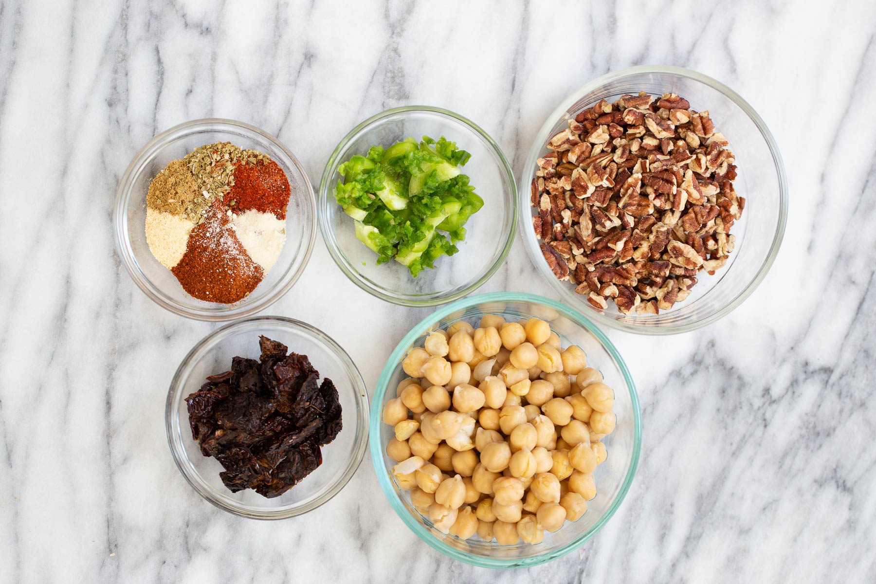 walnut taco meat  overhead shot of ingredients needed for making vegan walnut taco meat