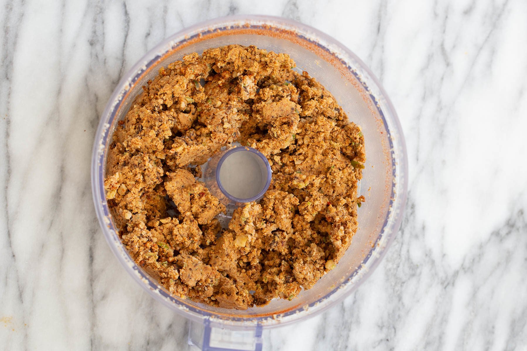 walnut taco meat  walnut chickpea taco meat in food processor container ready for vegan quesadilla recipe