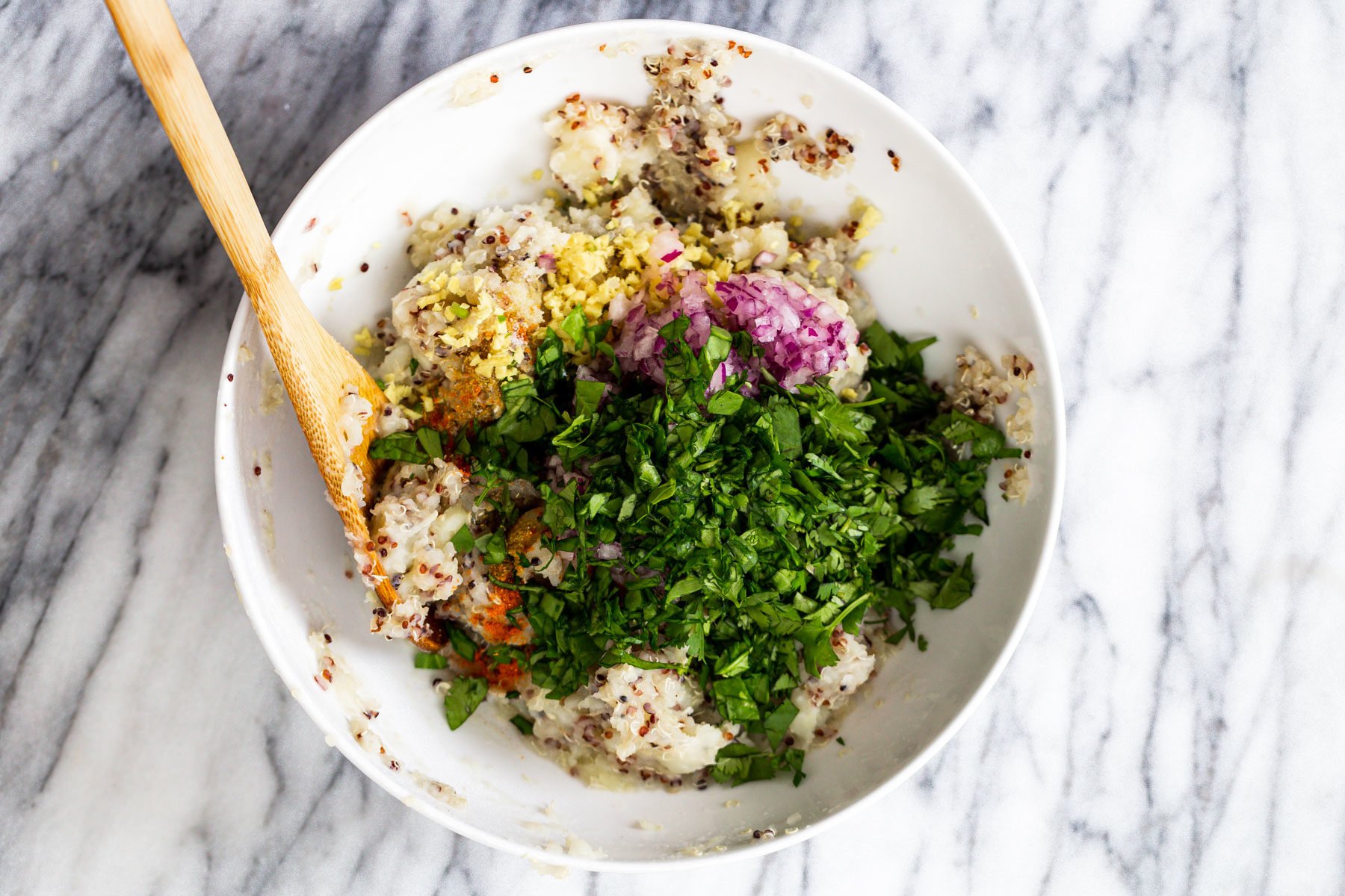 ingredients for vegan quinoa waffles in a bowl