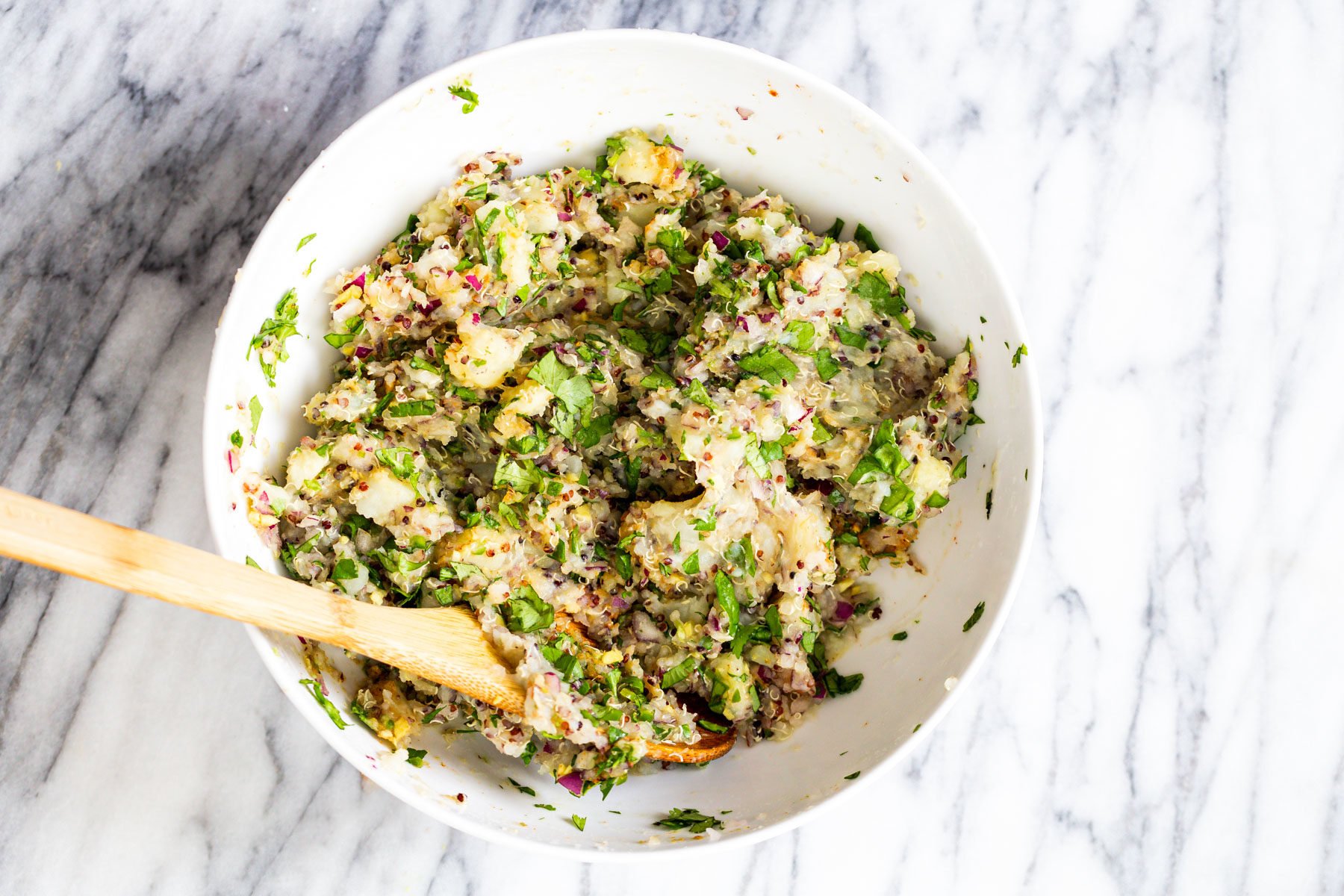 waffles batter for vegan potato quinoa waffles in a white bowl