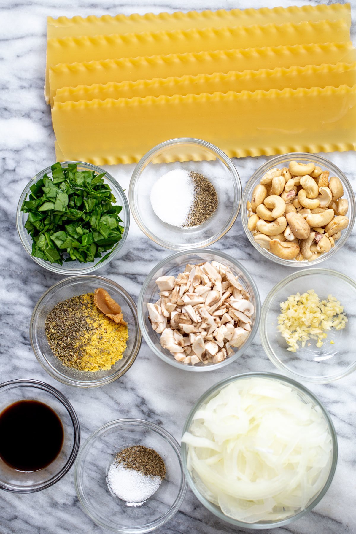 vegan skillet lasagna  overhead shot of ingredients needed for making skillet lasagna