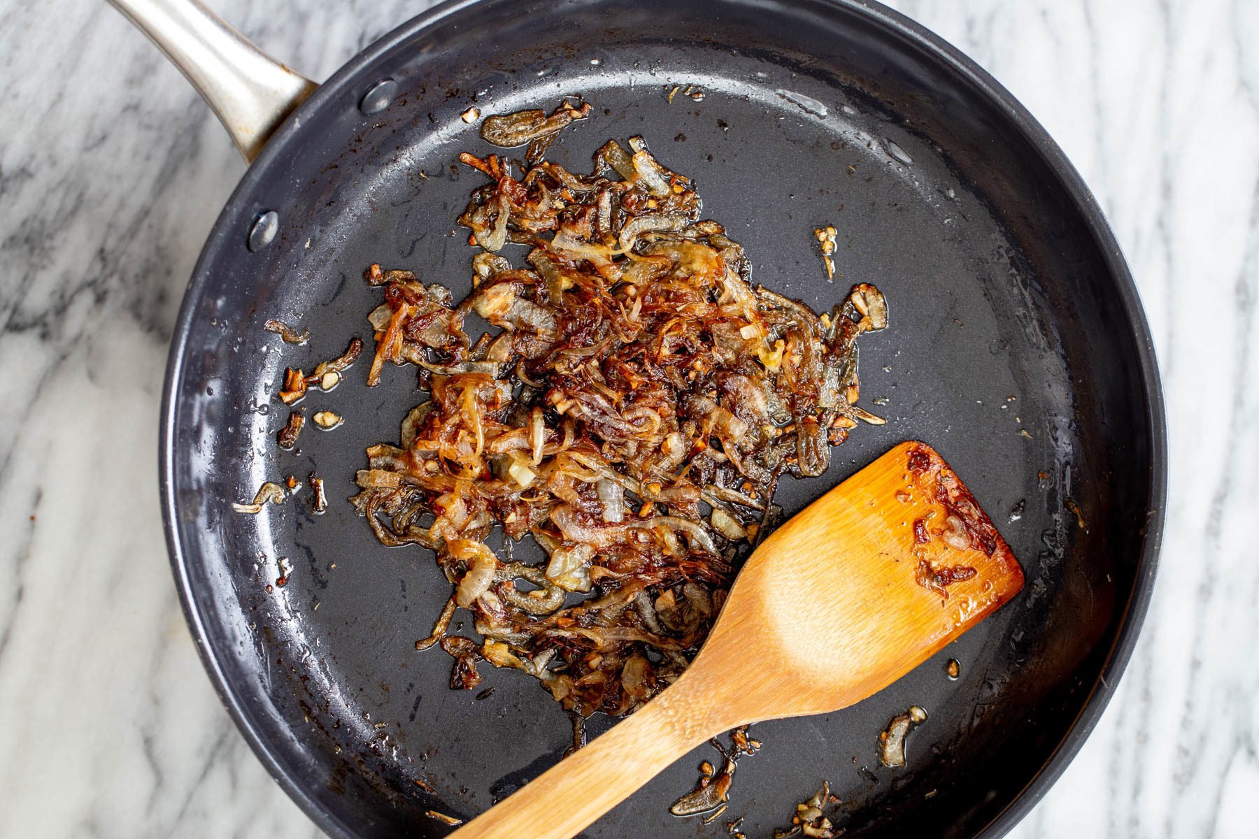 vegan skillet lasagna  perfectly caramelized onion in a skillet