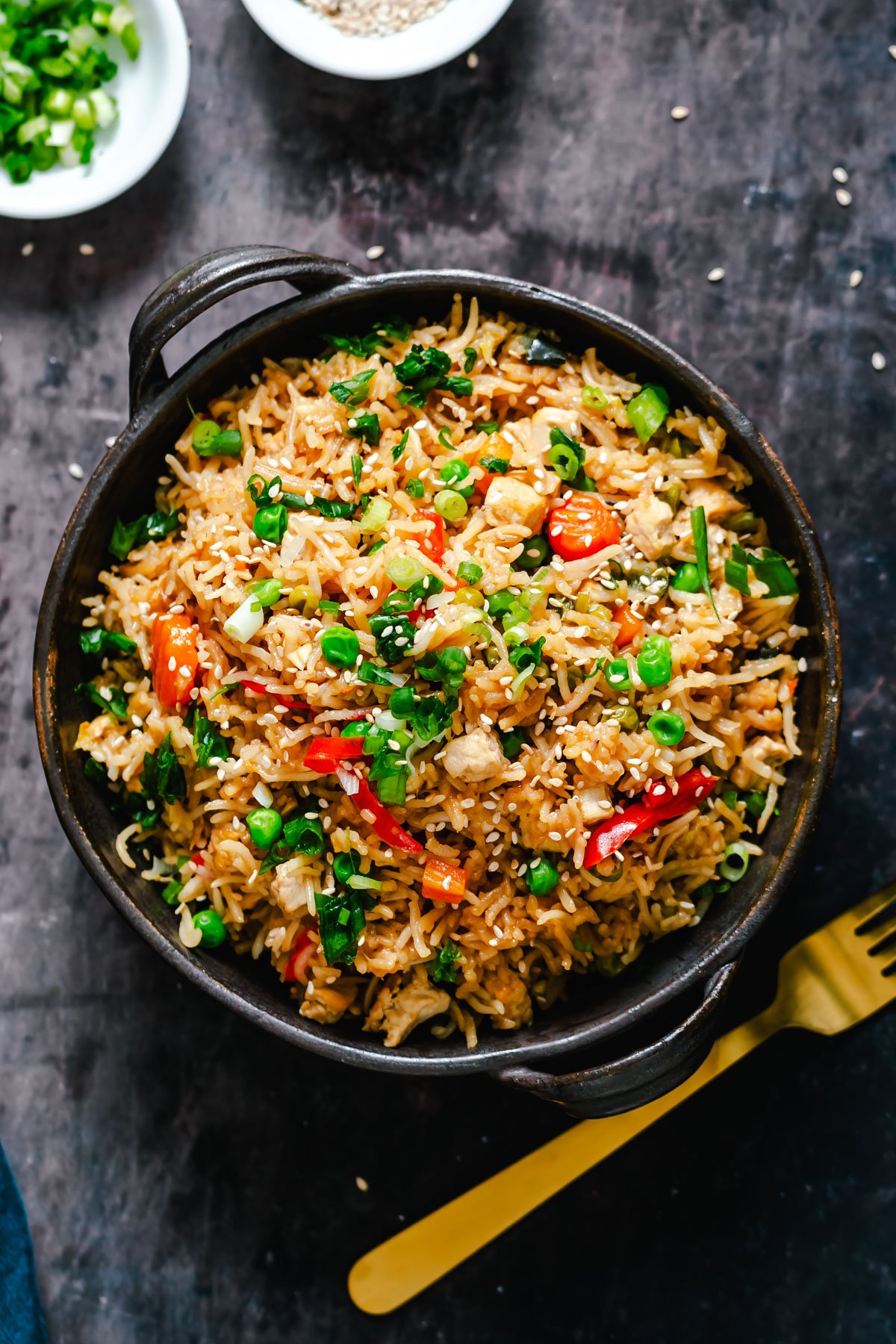 Instant Pot Teriyaki Fried Rice with a fork on the side