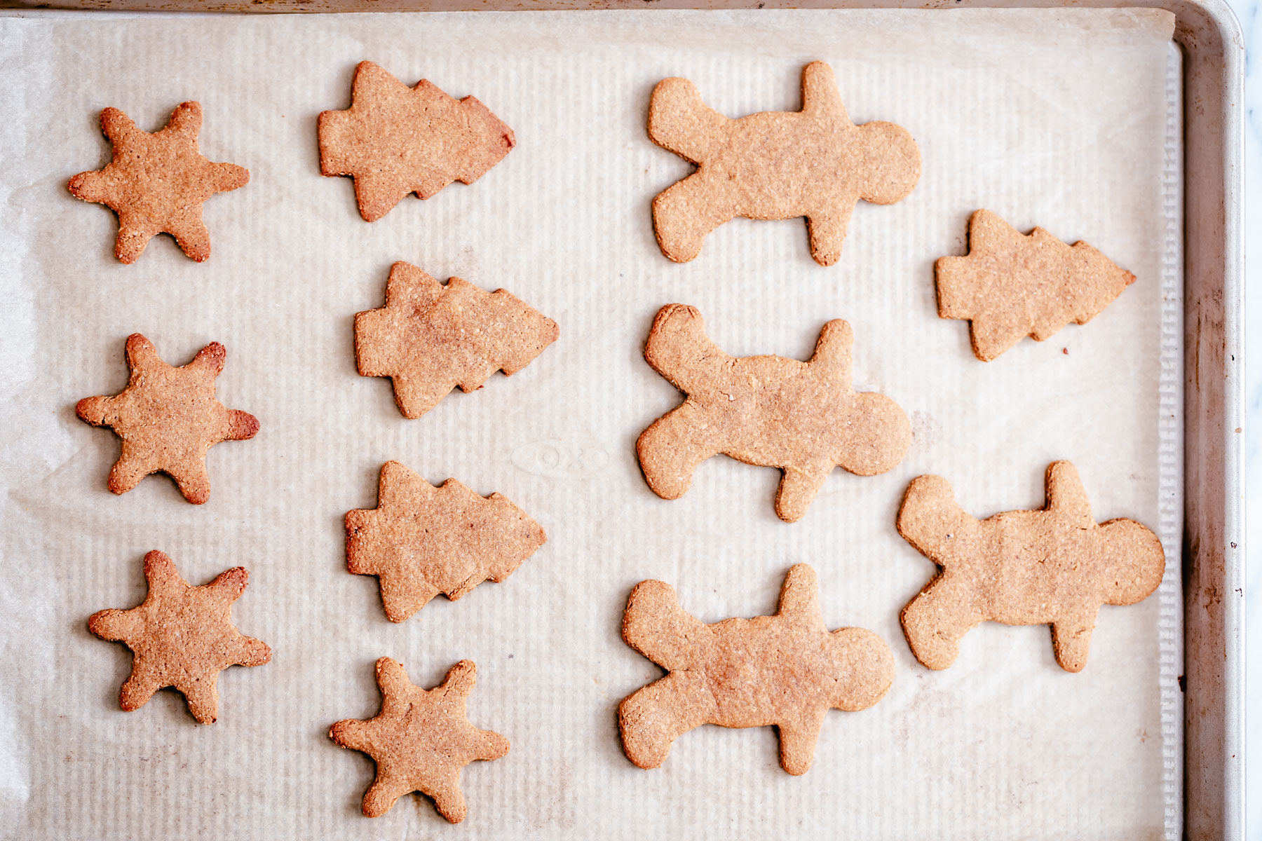 vegan gingerbread cookies  baked vegan gingerbread cookies on a cookie sheet