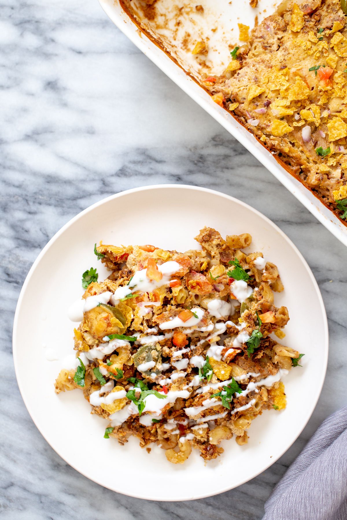 mac and cheese taco bake  a serving of vegan taco bake with walnut taco meat and vegan cashew queso