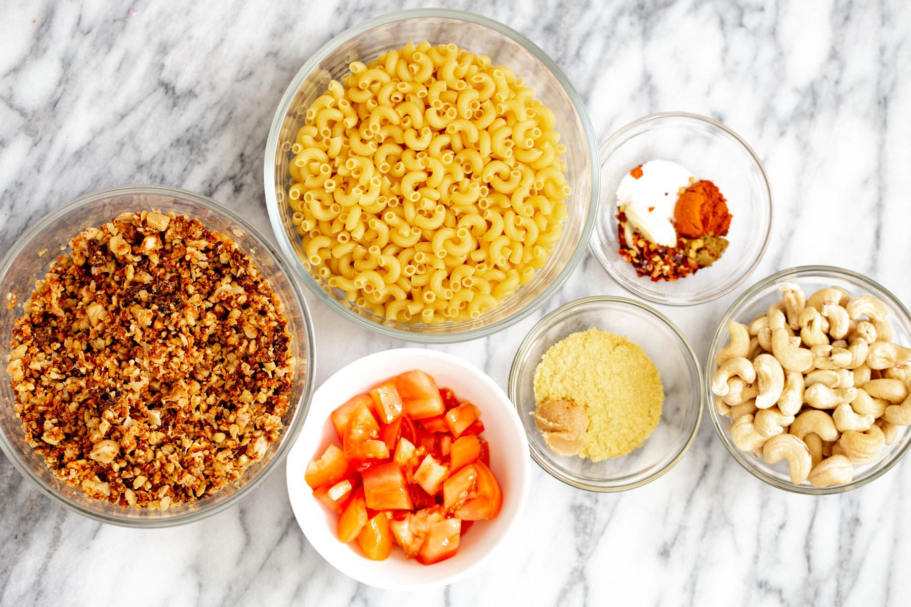 overhead shot of ingredients needed for making vegan mac and cheese taco bake