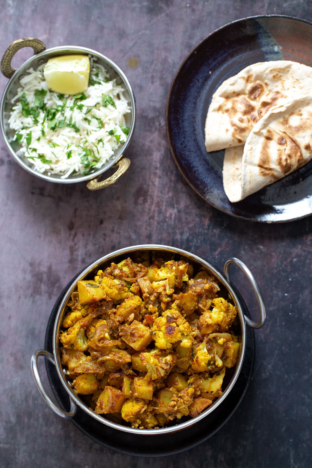 vegan aloo gobi  vegan aloo gobi with rice and flatbread